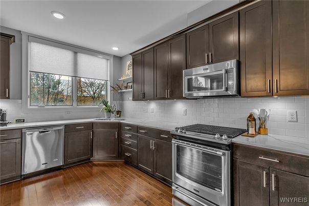Interior, Kitchen, Recessed Lighting, Stainless Steel Appliances, Wood Texture Flooring