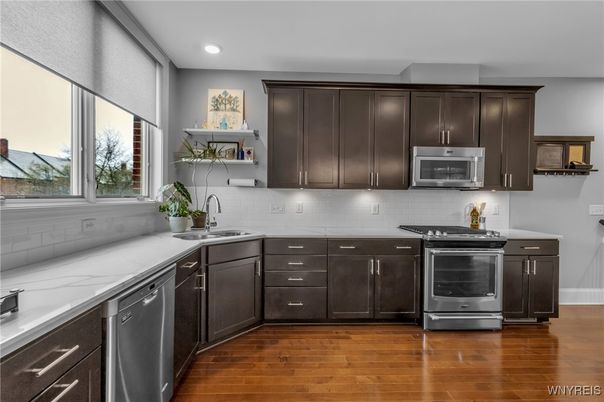 Interior, Kitchen, Recessed Lighting, Stainless Steel Appliances, Wood Texture Flooring