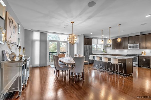 Dining room, Interior, Kitchen, Pendant Lights, Recessed Lighting, Stainless Steel Appliances, Wood Texture Flooring
