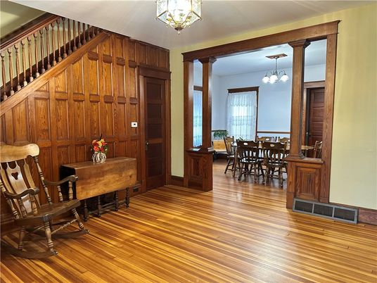 Dining room, Interior, Pendant Lights, Wood Texture Flooring, Wooden Walls