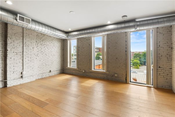 Empty room, Interior, Recessed Lighting, Stone Walls, Wood Texture Flooring