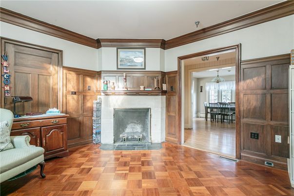Dining room, Fireplace, Interior, Pendant Lights, Wood Texture Flooring