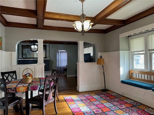 Dining room, Fireplace, Interior, Pendant Lights, Wooden Beams, Wood Texture Flooring