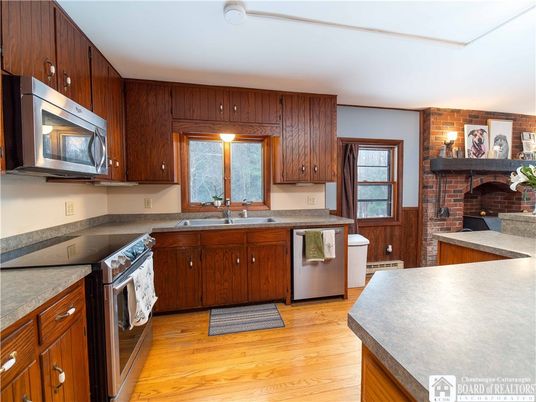 Fireplace, Interior, Kitchen, Stone Walls, Wood Texture Flooring