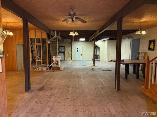 Chandelier, Empty room, Interior, Stone Walls, Wooden Beams, Wood Texture Flooring