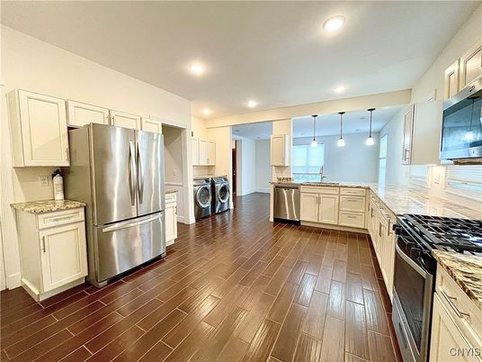Interior, Kitchen, Pendant Lights, Recessed Lighting, Stainless Steel Appliances, Washer, Wood Texture Flooring