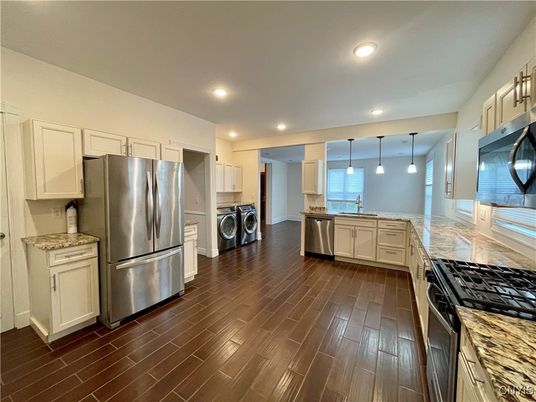Interior, Kitchen, Pendant Lights, Recessed Lighting, Stainless Steel Appliances, Washer, Wood Texture Flooring