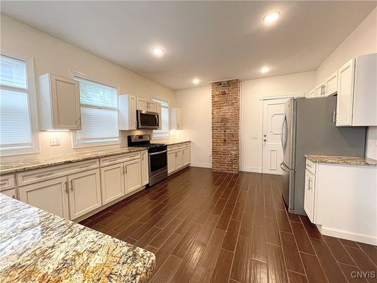 Interior, Kitchen, Recessed Lighting, Stainless Steel Appliances, Wood Texture Flooring