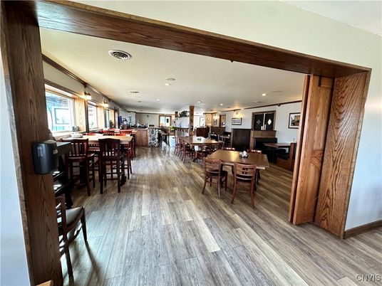 Dining room, Interior, Kitchen, Pendant Lights, Recessed Lighting, Wood Texture Flooring
