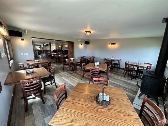 Dining room, Fireplace, Interior, Wood Texture Flooring