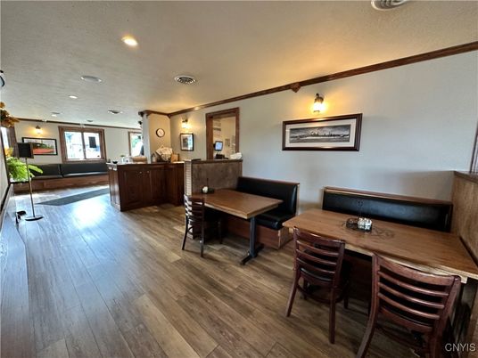 Dining room, Interior, Recessed Lighting, Wood Texture Flooring