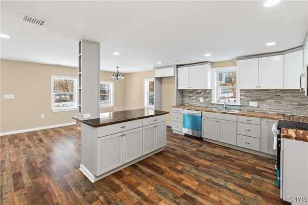 Chandelier, Interior, Kitchen, Recessed Lighting, Wood Texture Flooring