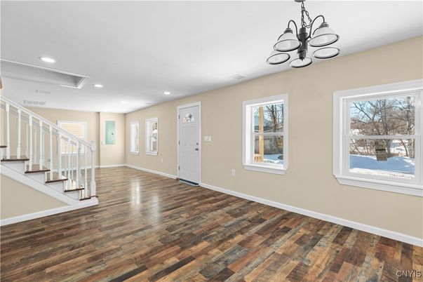 Chandelier, Empty room, Interior, Recessed Lighting, Wood Texture Flooring