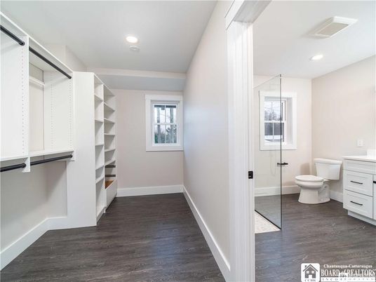 Bathroom, Interior, Recessed Lighting, Walk-in Closets, Wood Texture Flooring