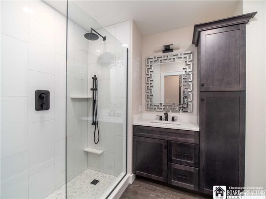 Bathroom, Glass Shower, Interior, Wood Texture Flooring