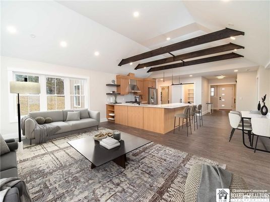 Dining room, Interior, Kitchen, Living room, Pendant Lights, Recessed Lighting, Stainless Steel Appliances, Wooden Beams, Wood Texture Flooring