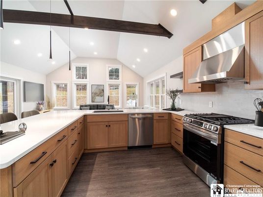 Interior, Kitchen, Recessed Lighting, Stainless Steel Appliances, Wooden Beams, Wood Texture Flooring
