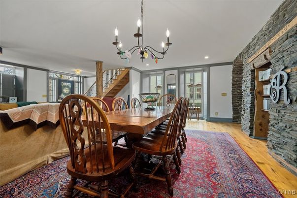 Chandelier, Dining room, Interior, Recessed Lighting, Wood Texture Flooring