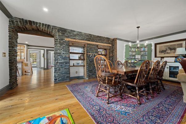 Dining room, Interior, Pendant Lights, Recessed Lighting, Stone Walls, Wood Texture Flooring