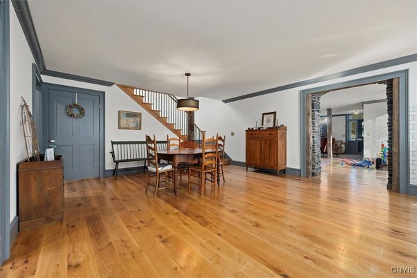 Dining room, Interior, Pendant Lights, Wood Texture Flooring
