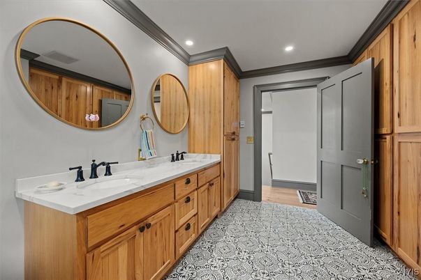 Bathroom, Dual Sink Vanities, Interior, Recessed Lighting, Wood Texture Flooring