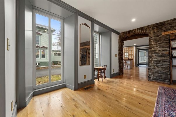 Empty room, Interior, Recessed Lighting, Stone Walls, Wood Texture Flooring