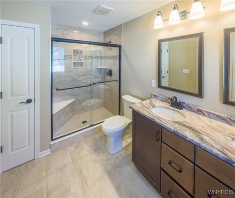 Bathroom, Dual Sink Vanities, Glass Shower, Interior, Recessed Lighting