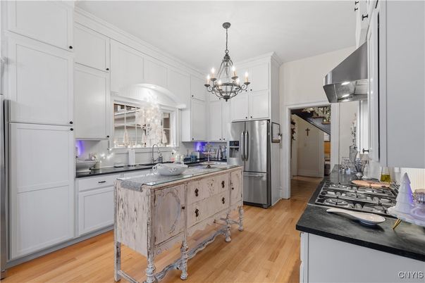 Chandelier, Interior, Kitchen, Stainless Steel Appliances, Wood Texture Flooring