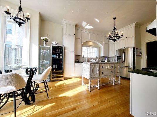 Chandelier, Interior, Kitchen, Pendant Lights, Stainless Steel Appliances, Wood Texture Flooring
