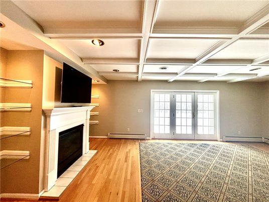 Empty room, Fireplace, Interior, Recessed Lighting, Wood Texture Flooring