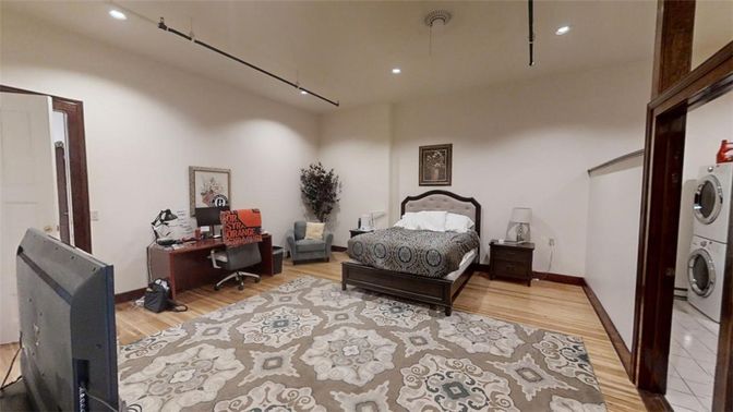 Bedroom, Home Office, Interior, Recessed Lighting, Washer, Wood Texture Flooring