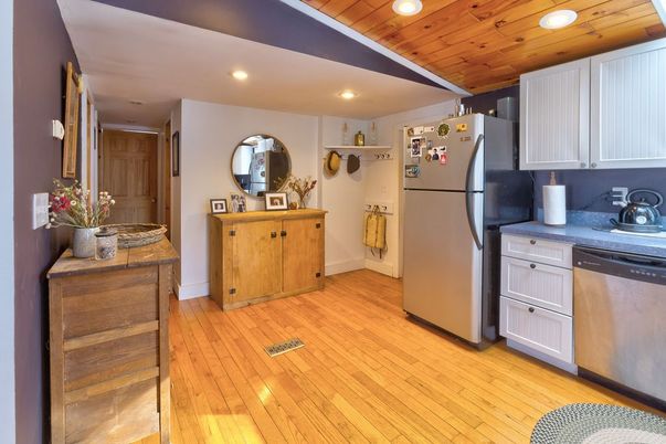 Interior, Kitchen, Recessed Lighting, Wooden Ceilings, Wood Texture Flooring