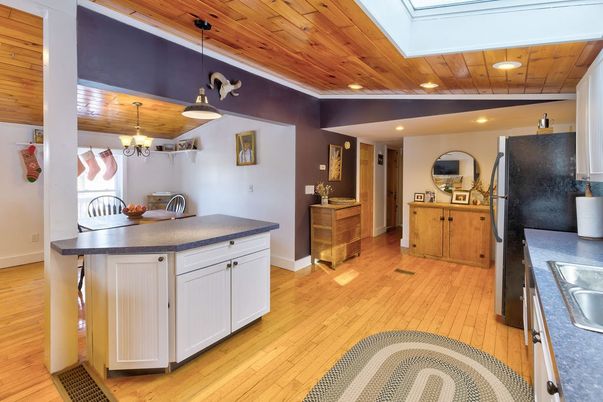 Chandelier, Interior, Kitchen, Pendant Lights, Recessed Lighting, Wooden Ceilings, Wood Texture Flooring