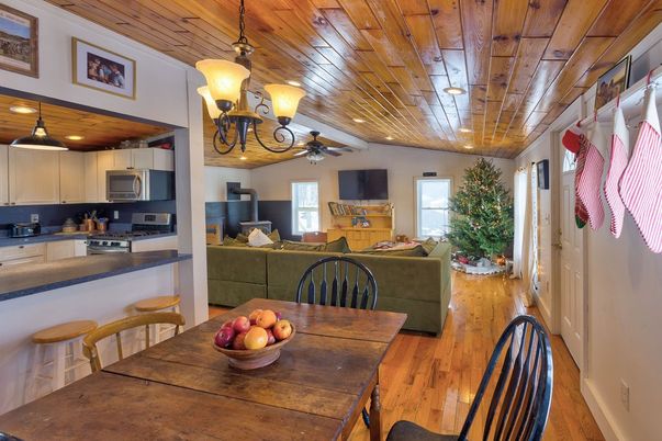 Chandelier, Dining room, Interior, Kitchen, Living room, Pendant Lights, Recessed Lighting, Wooden Ceilings, Wood Texture Flooring