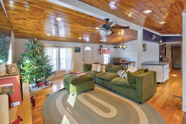 Chandelier, Dining room, Interior, Living room, Pendant Lights, Recessed Lighting, Wooden Ceilings, Wood Texture Flooring
