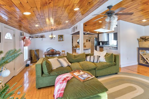 Chandelier, Dining room, Interior, Kitchen, Living room, Recessed Lighting, Wooden Ceilings, Wood Texture Flooring
