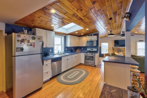 Interior, Kitchen, Recessed Lighting, Stainless Steel Appliances, Wooden Ceilings, Wood Texture Flooring
