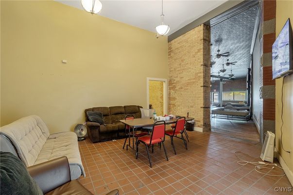 Dining room, Interior, Living room, Pendant Lights, Stone Walls