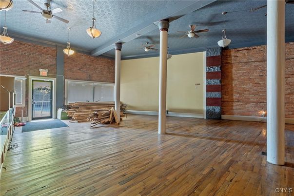 Empty room, Interior, Pendant Lights, Stone Walls, Wood Texture Flooring