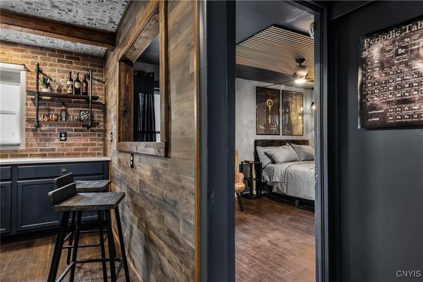 Bedroom, Interior, Stone Walls, Wood Texture Flooring