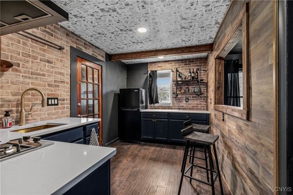Interior, Kitchen, Recessed Lighting, Stone Walls, Wood Texture Flooring