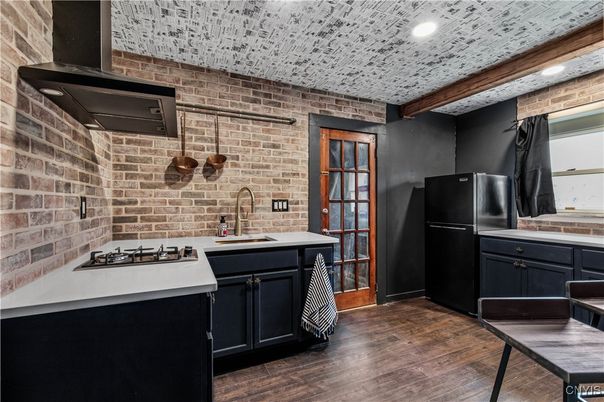 Interior, Kitchen, Recessed Lighting, Stone Walls, Wooden Beams, Wood Texture Flooring