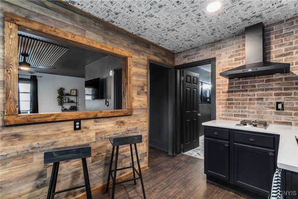 Interior, Kitchen, Recessed Lighting, Stone Walls, Wood Texture Flooring, Wooden Walls