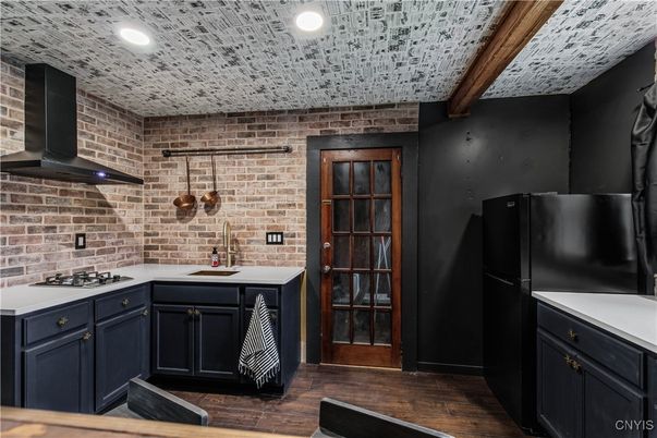 Interior, Kitchen, Recessed Lighting, Stone Walls, Wood Texture Flooring