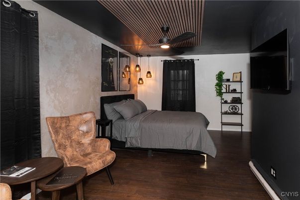 Bedroom, Fireplace, Interior, Wood Texture Flooring
