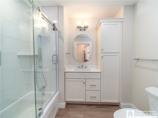 Bathroom, Glass Shower, Interior, Wood Texture Flooring