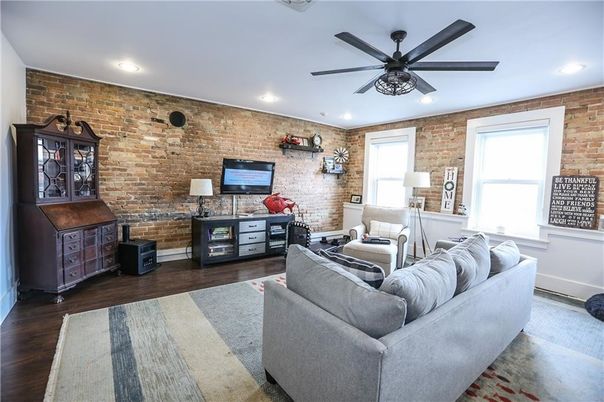 Interior, Living room, Recessed Lighting, Stone Walls, Wood Texture Flooring