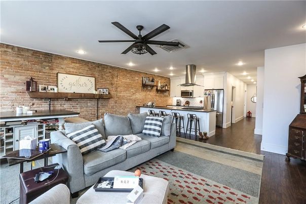 Interior, Kitchen, Living room, Recessed Lighting, Stainless Steel Appliances, Stone Walls, Wood Texture Flooring