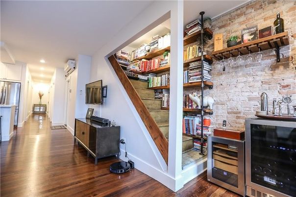 Interior, Kitchen, Recessed Lighting, Stone Walls, Wood Texture Flooring