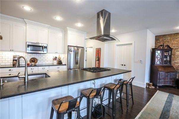 Interior, Kitchen, Recessed Lighting, Stainless Steel Appliances, Stone Walls, Wood Texture Flooring